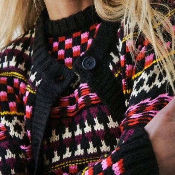 Zara Knit Retro Jacquard Button Down Chunky Cardigan Sweater Black Pink S - Picture 3 of 8